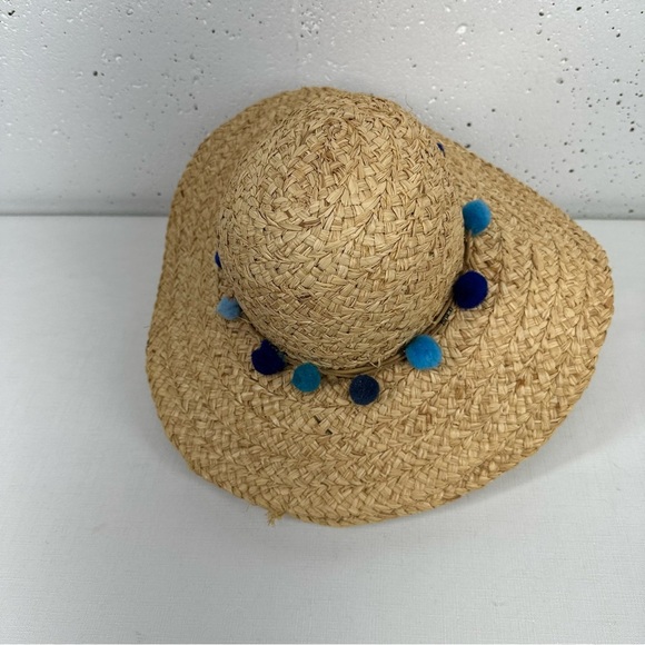 Pool to Party by Subtle Luxury Wide Brim Straw Floppy Sun Hat with Blue Pom Poms - Picture 4 of 11